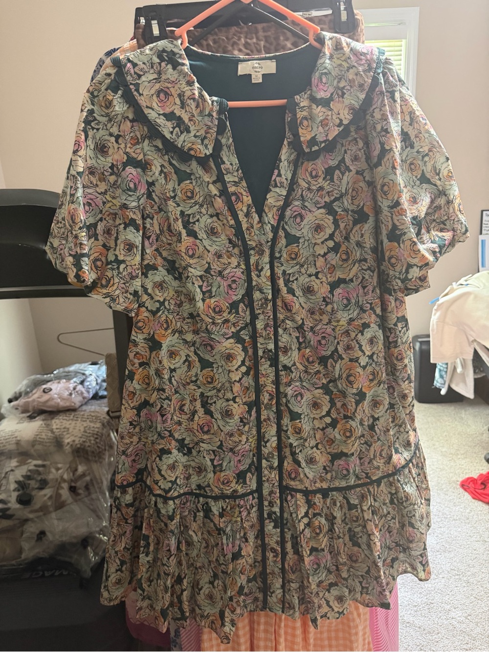 entro Floral Mini Dress with Puff Sleeves - Black Trim, Multicolor Roses